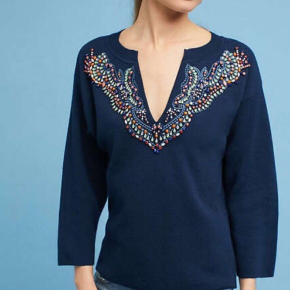 Anthro Moth jeweled v neck sweater